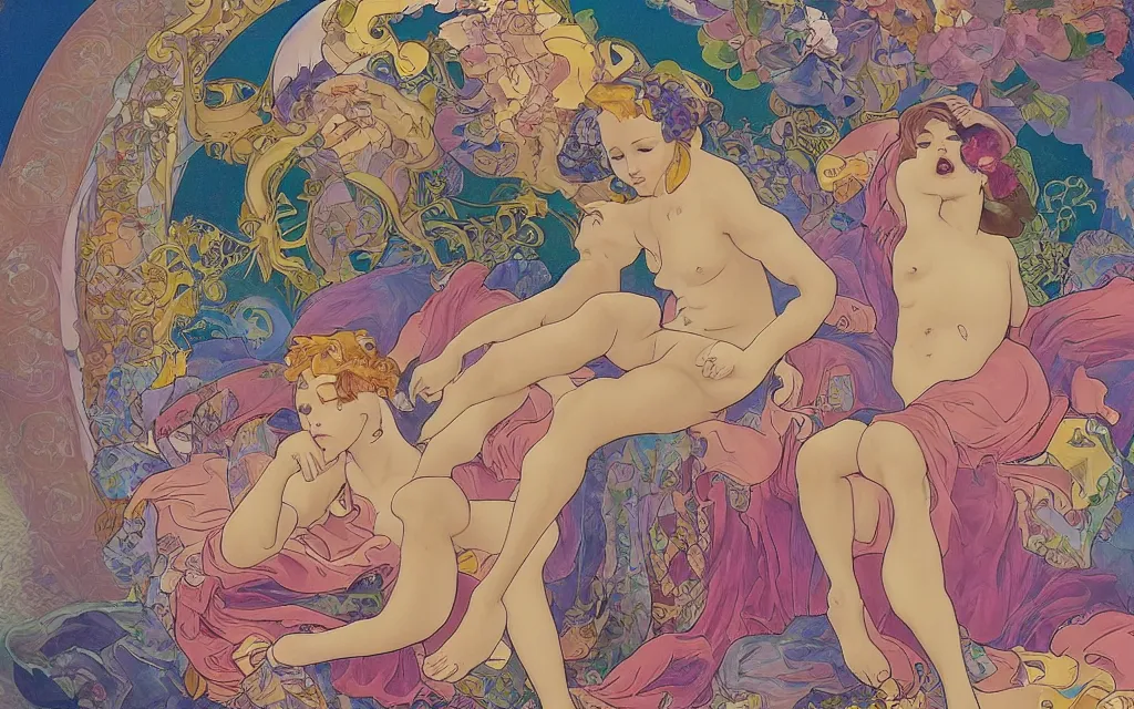 Image similar to i dream a dirty dream of you baby you're crawling on the bathroom floor in the style of lisa frank and alfons mucha