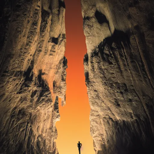 Image similar to photo of a giant orange glowing transparent humanoid of one thousand feet of height standing next to a building inside a cave