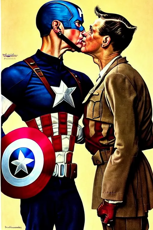 Prompt: norman rockwell painting of captain america kissing donald trump