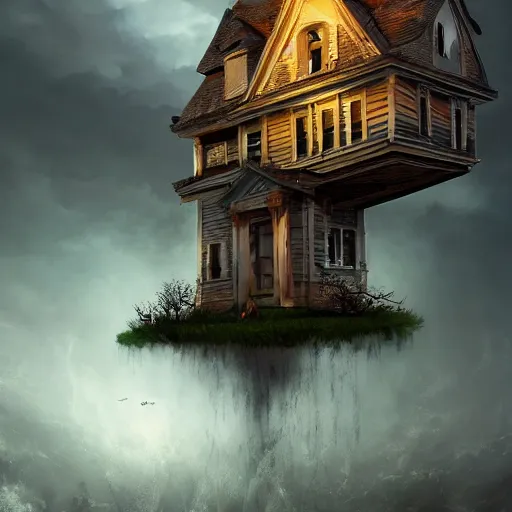 Prompt: haunted house floating in water, storm approaching, stylized, artgerm, artstation, hd, cgsociety, cgi, realistic, dramatic, cinematic, artistic, trending, detailed