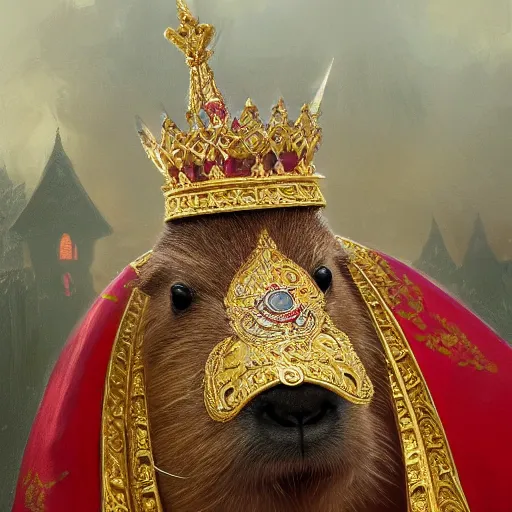 Image similar to detailed photorealistic painting of a capybara wearing a highly detailed ornamented gold crown with diamonds, in a medieval knight armor with red cape, sitting on a throne in a castle, sharp focus in the style of ruan jia, Mandy jurgens, cinematic light, concept art, trending on artstation, ultra realistic