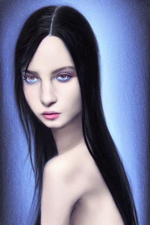 Image similar to portrait of teenage girl with glossy black hair, blue eyes, glowing porcelain skin, fashion model features, dar!dream portrait of teenage girl with glossy black hair, blue eyes, glowing porcelain skin, fashion model features, dark sweater, dark academia, intricate, elegant, black dress, highly detailed, digital painting, artstation, concept art, smooth, sharp focus, illustration, art by Krenz Cushart and Artem Demura and alphonse mucha