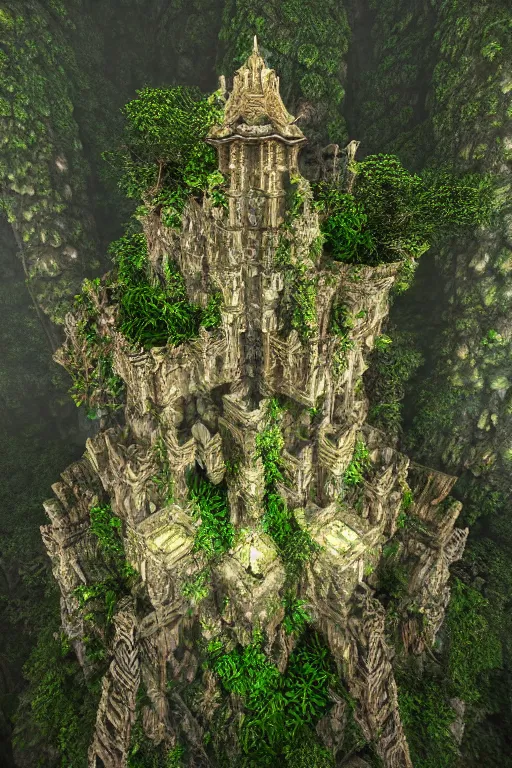 Image similar to ancient fractal temple, altar, primordial diamond radiating - sharp focus view of a megastructure in the hanging gardens of a radiant forest jungle, overgrown garden, scanned earth terrain fractal bridges, highly detailed erosion algorithm landscape, by albert bierdstat, by glenn small, high resolution, 8 k photorealism, god rays in volumes of fog, looking up perspective