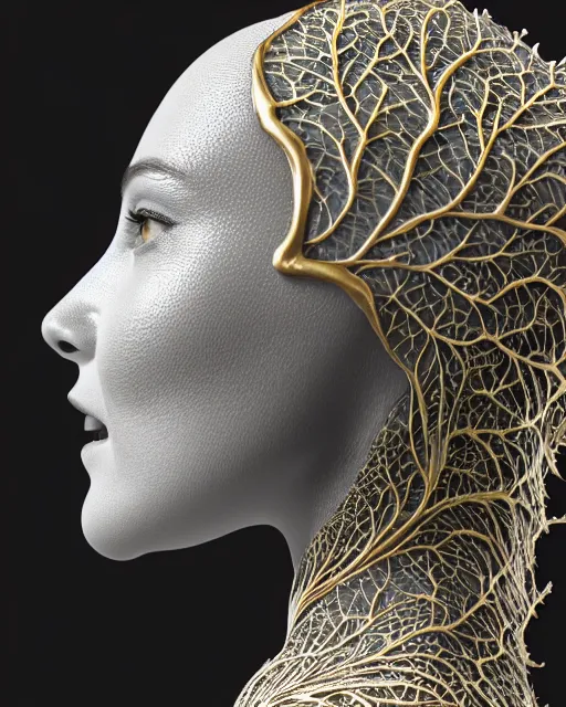 Image similar to close - up profile face, black background, 3 d render of a beautiful porcelain vegetal dragon cyborg young female, 1 5 0 mm, beautiful natural soft rim light, silver gold details, magnolia leaves and stems, roots, fine lace, mandelbot fractal, elegant, ultra detailed, white metallic armour, octane render, black and white, h. r. giger style