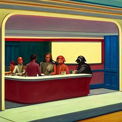 Prompt: Star wars Cantina in the style of Edward Hopper's famous 1942 painting Nighthawks