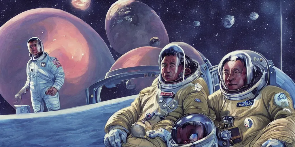 Image similar to a portrait of stallone and van damm and takeshi kitano pilots in spacesuit on field forrest spaceship station landing laying lake artillery outer worlds in FANTASTIC PLANET La planète sauvage animation by René Laloux