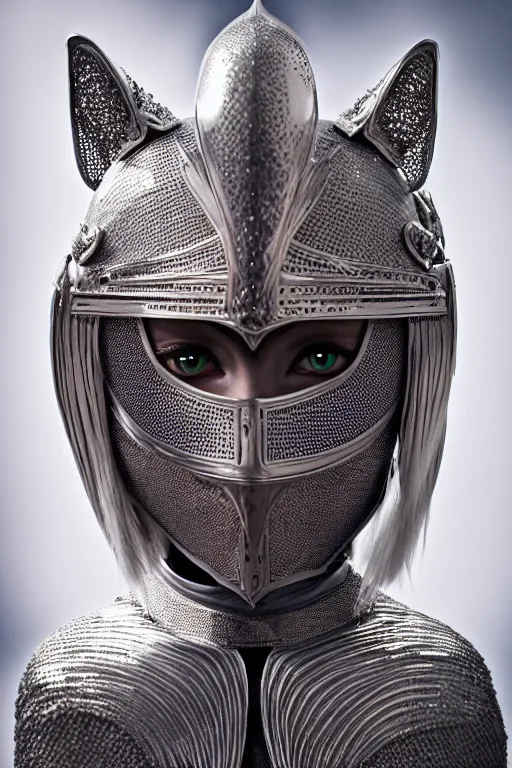 Image similar to female knight wearing a real cat on her head, armor designed by wayne barlowe, swarovski and tiffany, blonde hair, symmetry, sci - fi, cinematic, elegant, luxury, perfect light, perfect composition, dlsr photography, sharp focus, dark fantasy, 8 k, ultra hd, sense of awe, highly detailed, realistic, intricate