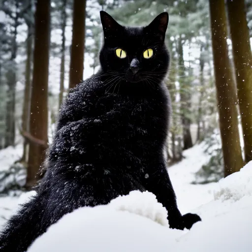 Image similar to Award winning photo of a black cat in a snowy forest at afternoon, lens flare, bokeh, telephoto