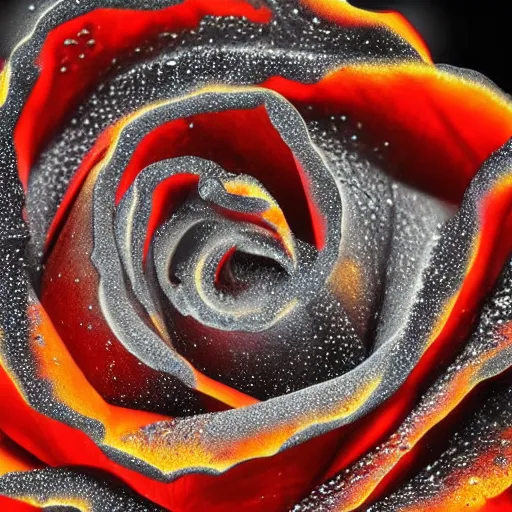 Image similar to award - winning macro of a beautiful black rose made of glowing molten magma