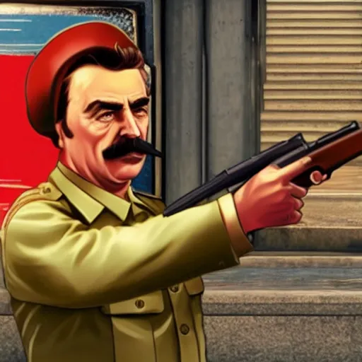 Image similar to joseph stalin pointing a gun at person in GTA V loading screen, HD