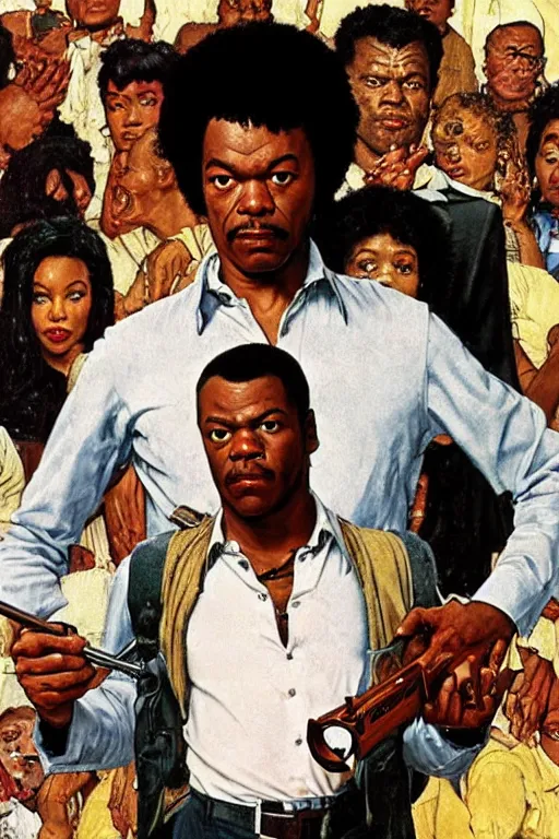 Image similar to Jules Winnfield from Pulp Fiction painted by Norman Rockwell