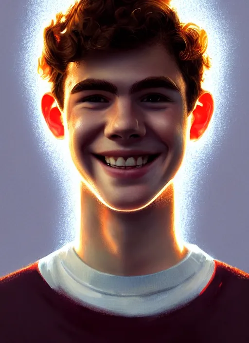 Image similar to portrait of teenage archie andrews, freckles, curly middle part haircut, curly hair, smiling kindly, intricate, elegant, glowing lights, highly detailed, digital painting, artstation, concept art, smooth, sharp focus, illustration, art by wlop, mars ravelo and greg rutkowski