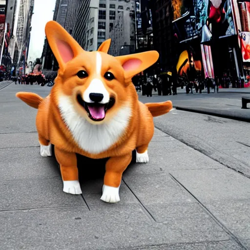 Image similar to 8k highly detailed photograph of a giant 80 foot tall adorable corgi invading New York City. cute destruction