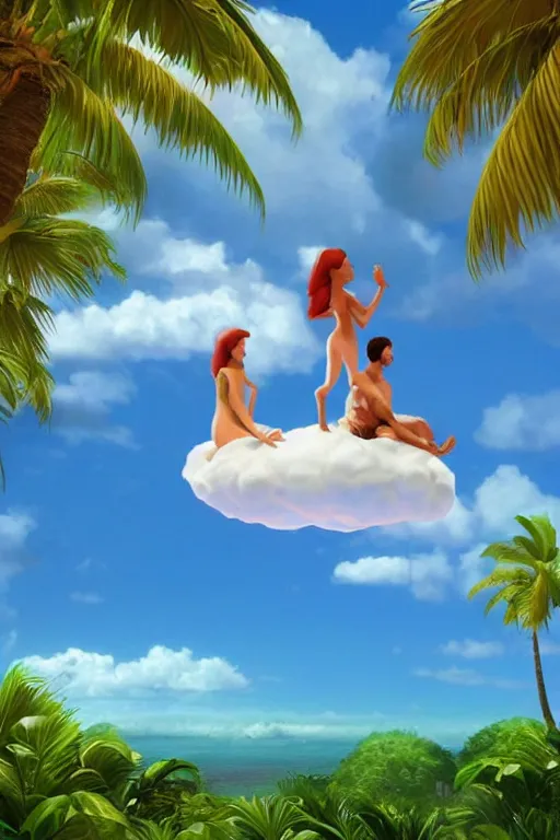 Prompt: conceptual art of 1 couple sitting on a cloud with palms, high in the sky above a paradisiac Caribbeans, mattepainting concept pixar maya engine on stylized background global illumination lighting artstation, in the style of Michelangelo