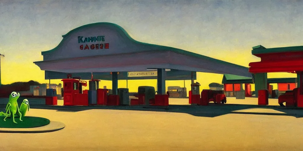 Image similar to painting by edward hopper, gas station at dusk, 1 9 4 0, kermit the frog is robbing the gas station