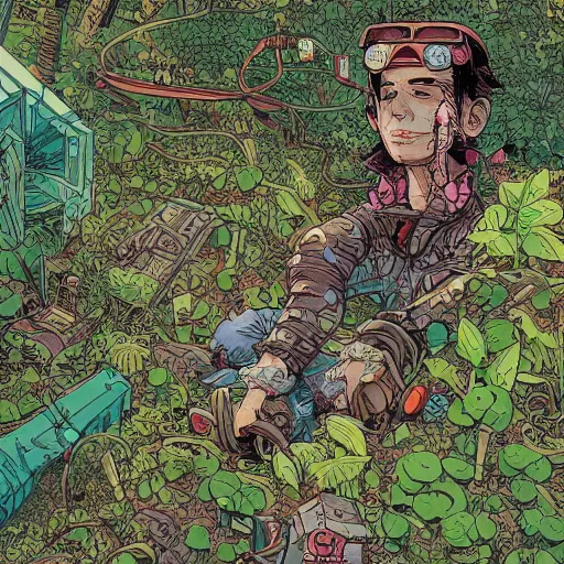 Image similar to hyper detailed comic illustration of a young male explorer wearing a cyberpunk headpiece sitting by a ruin in a dense and lush forest, by Josan Gonzalez and Geof Darrow, aerial view, highly detailed, 8k wallpaper