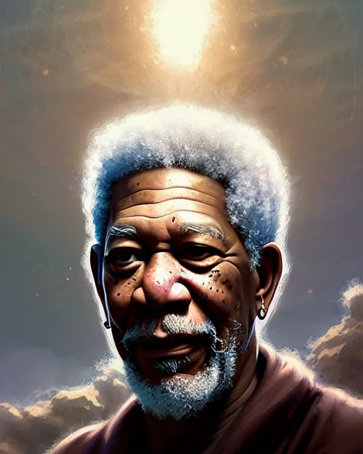 Image similar to highly detailed portrait, morgan freeman as zeus, greek mythology, stephen bliss, unreal engine, fantasy art by greg rutkowski, loish, rhads, ferdinand knab, makoto shinkai and lois van baarle, ilya kuvshinov, rossdraws, tom bagshaw, global illumination, radiant light, detailed and intricate environment
