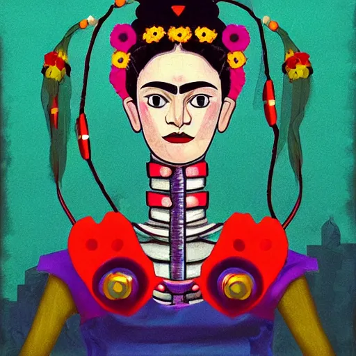 Image similar to mecha in the style of frida kahlo