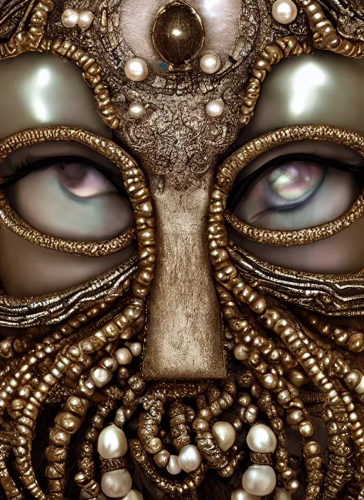 Prompt: hyperrealism, detailed textures, award winning autochrome photo, symetrical alien pearl medusa queen autochrome pearl portrait, pearl silverplate, intricate, detailed facial pearl animal mask, pearl, golden jewelery, silverplate, ultra realistic, cinematic, intricate, cinematic light by steve mccurry, unreal engine 8 k