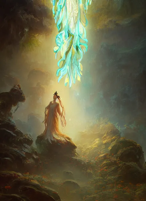 Image similar to Gigantic Stone Deity with a halo made of fluorescent mushrooms and antlers, flowing robes and translucent leaves, extremly detailed digital painting, in the style of Fenghua Zhong and Ruan Jia and jeremy lipking and Peter Mohrbacher, mystical colors, rim light, beautiful lighting, 8k, stunning scene, raytracing, octane, trending on artstation