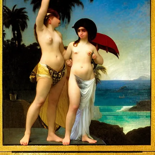 Image similar to Silhouette of two girls at the palace, thunderstorm, greek pool, beach and palm trees on the background major arcana sky, by paul delaroche, alphonse mucha and arnold böcklin arnold böcklin hyperrealistic 8k, very detailed