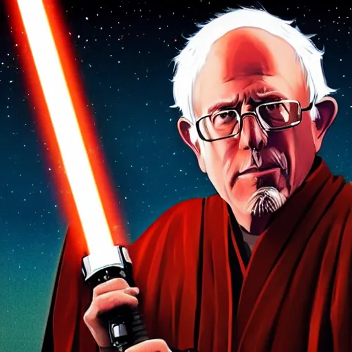 Prompt: jedi bernie sanders holding a lightsaber, synthwave