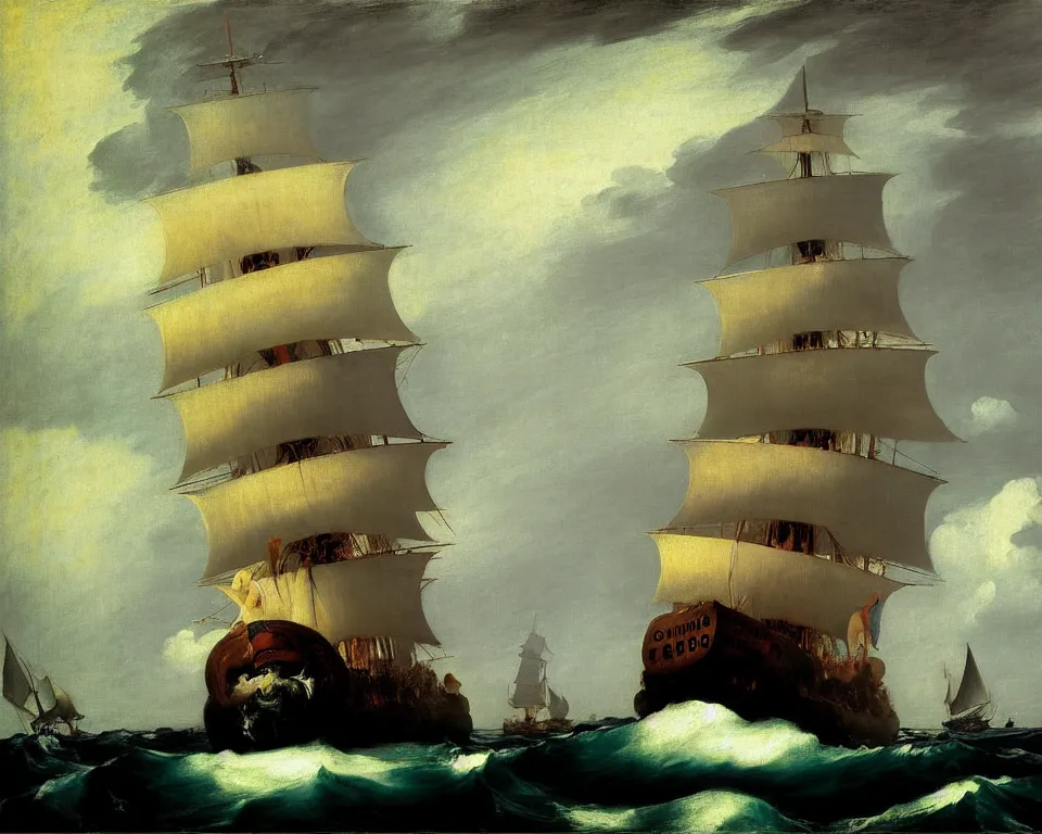 Prompt: an achingly beautiful print of the HMS Bounty sailing on stormy seas by Raphael, Hopper, Goya, and Rene Magritte. detailed, moody, enchanting, trending on artstation.