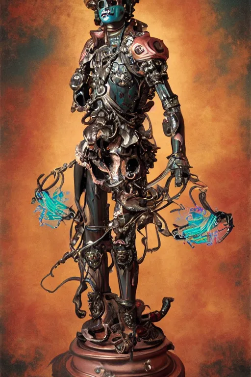 Prompt: a young handsome Spanish metal android with a large glowing pink lit crystal in the center of his chest, full-body bronze cyberpunk style statue of Icarus with glowing red eyes, crown of mechanical peach roses, flowing teal-colored silk, fabric, steampunk flowers. baroque elements, human skull. full-length view. baroque element. intricate artwork by caravaggio. many flying horses on background. Trending on artstation, octane render, cinematic lighting from the right, hyper realism, octane render, 8k, depth of field, 3D