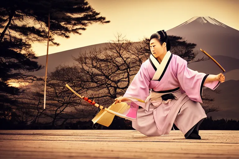 Image similar to beautiful photo of a geisha samurai warrior, mt fuji in the background, mid action swing, muted pastels, action photography, 1 / 1 2 5 shutter speed, back lit lighting