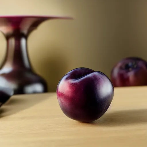 Image similar to upclose, intricate hyper detailed ultra sharp plum on a table, plum shaped as face of jeff goldblum, material is!!! plum!!!, sentient fruit, sharp focus, global illumination, radiant light, alexandre ferra, irakli nadar, octane render, unreal engine, 4 k, ultra hd,