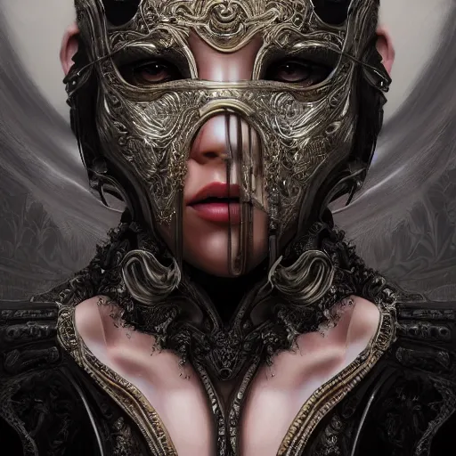 Prompt: Very highly detailed epic photo of face with venetian mask, intricate, dystopian, sci-fi, extremely detailed, digital painting, artstation, concept art, smooth, sharp focus, illustration, intimidating lighting, incredible art by Artgerm