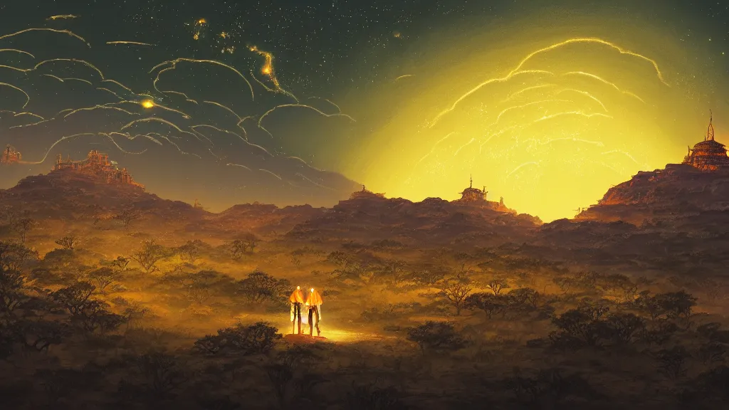 Prompt: highly detailed illustration of a desert with fireflies and temples while rains at night and lots of high exposure cummulonimbus clouds by makoto shinkai, by moebius, by oliver vernon, by joseph moncada, by damon soule, by manabu ikeda, by kyle hotz, by dan mumford, by otomo, 4 k resolution