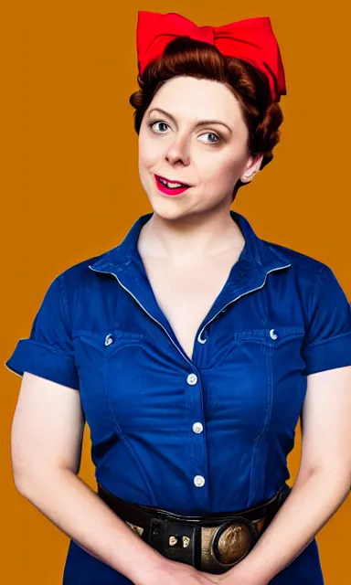 Image similar to photo of rachel bloom as rosie the riveter in real life, 8 k resolution