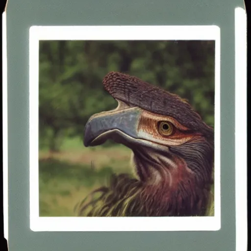 Prompt: polaroid of a feathered dinosaur