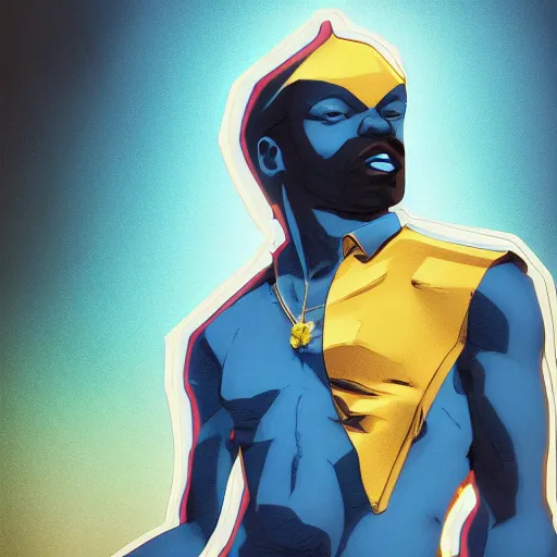 Prompt: afrofuturist man in a crowded busy street wearing gold jewelry, simple, cyberpunk, far shot, full body shot, 1970s X-Men art style, retrofuturist