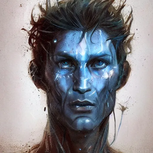 Prompt: Portrait of a man by Greg Rutkowski, he is about 30 years old, messy long black hair, tired appearance, roman nose, he has become some sort of biomechanical transhuman god with eyes that glow electric blue, peaceful but sad expression, highly detailed portrait, digital painting, artstation, concept art, smooth, sharp foccus ilustration, Artstation HQ.