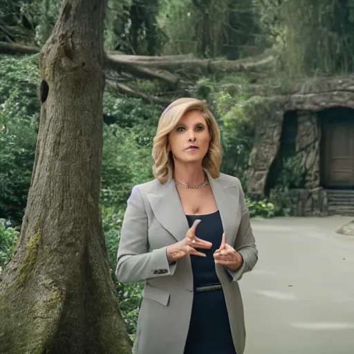 Prompt: cinematic movie still of a fox news anchorwoman reporting from rivendell, lord of the rings movie, by daniella zalcman, directed by peter jackson, highly detailed, canon eos r 3, f / 1. 4, iso 2 0 0, 1 / 1 6 0 s, 8 k, raw, symmetrical balance