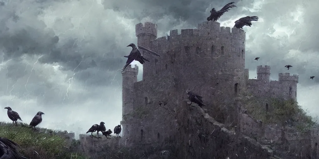 Prompt: A group of Ravens sit on a castle ramparts, dark fantasy, stormy sky, lightning, digital art by Greg Rutkowski and Studio Ghibli