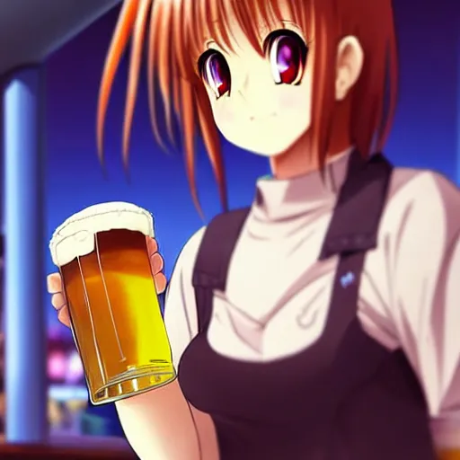 Image similar to Wholesome and masculine looking anime girl at a bar drinking a beer, warm glow from the lights, angle that looks up at her from below, deviantart, pixiv, detailed face, smug appearance, beautiful anime, detailed anime eyes with pupils, in the style of 90s anime, heavy focus on 90s and early 2000s style of anime