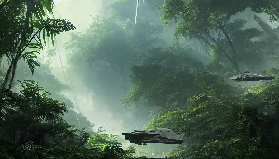 Image similar to a beautiful painting of a crashed star destroyer ion drive in a lush jungle, ray traced lighting by kalin popov and greg rutkowski