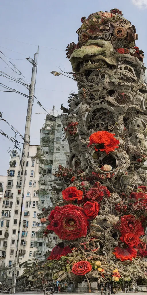 Image similar to colossal grotesque flower made from unfulfilled communist dreams in the middle of abandoned post soviet constructivist cityscape, Stalinist architecture, ultradetailed, Intricate by Hayao Miyazaki and Josan Gonzalez and Makoto Shinkai and Giuseppe Arcimboldo and Wes Anderson