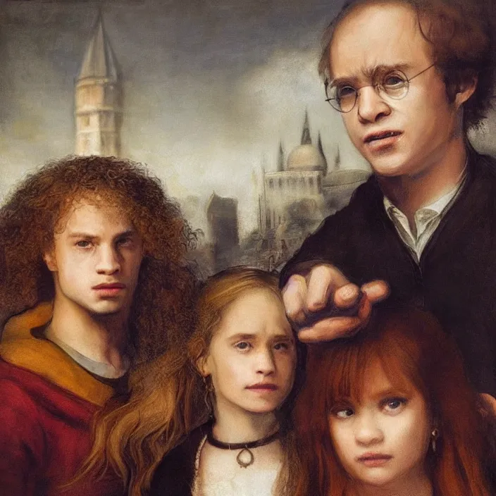 Prompt: Harry Potter and Hermione in Venice, by Rembrandt, hyper realistic face, symmetrical face, beautiful eyes,