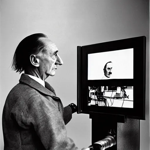 Image similar to Kodachrome portrait of Marcel Duchamp with an technologival machine, archival pigment print in the style of Hito Steyerl, studio shooting, contemporary art