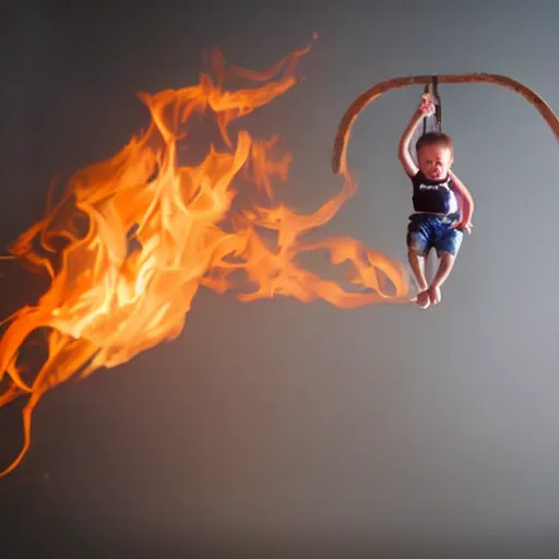 Prompt: a baby flying out of a catapult. on fire. Award-winning photograph