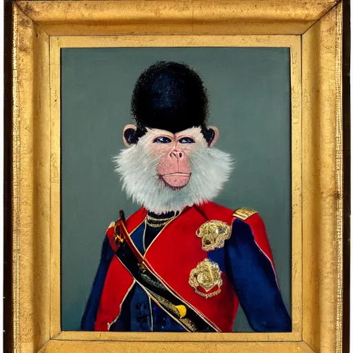 Image similar to An exquisite modern painting of a monkey dressed like a bearded Napoleon with correct military uniform, no frames