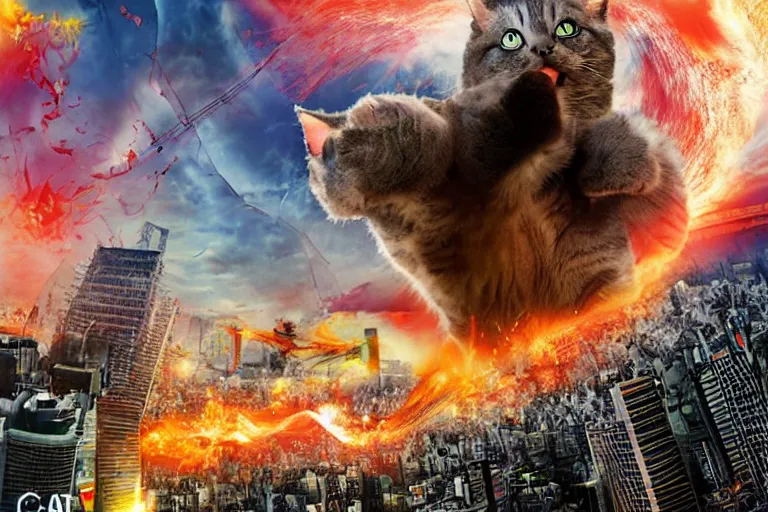 Image similar to cat attacking Tokyo, disaster movie poster, masterpiece, masterwork, cgstudio