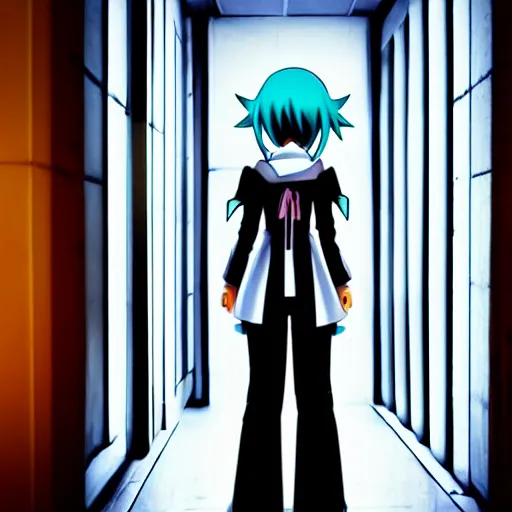 Prompt: miku peeking at you from behind a corner in a dark spooky hallway