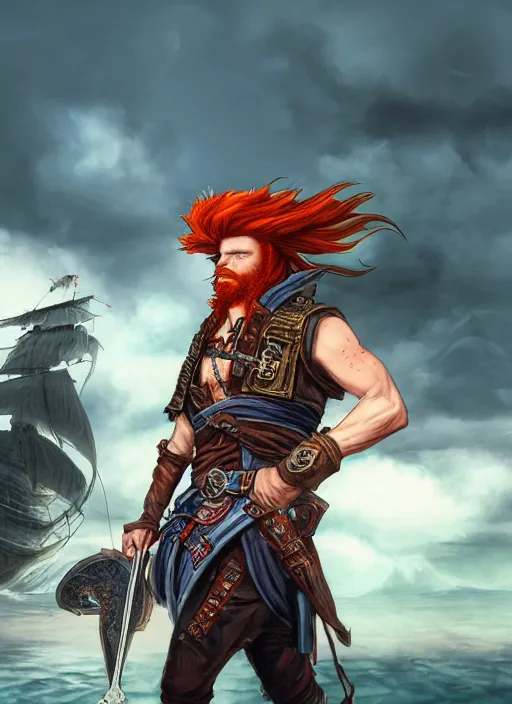 Image similar to An epic fantasy comic book style portrait painting of a long haired, red headed male sky-pirate in front of an sky-ship in the style of the wheel of time, unreal 5, DAZ, hyperrealistic, octane render, cosplay, RPG portrait, dynamic lighting