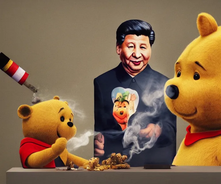 Image similar to hyperrealism movie still photography of real detailed high xi jinping with detailed face smoking detailed weed in detailed basement bedroom with high winnie the pooh hyperrealism photography by araki nobuyoshi