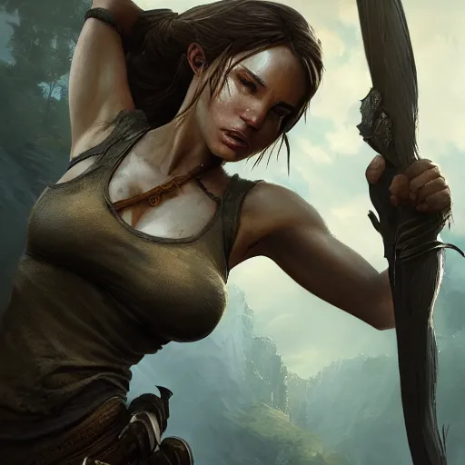 Image similar to lara croft in lord of the rings, hyper detailed character design, greg rutkowski, wlop, artgerm, masterwork, artstation trending, 8 k